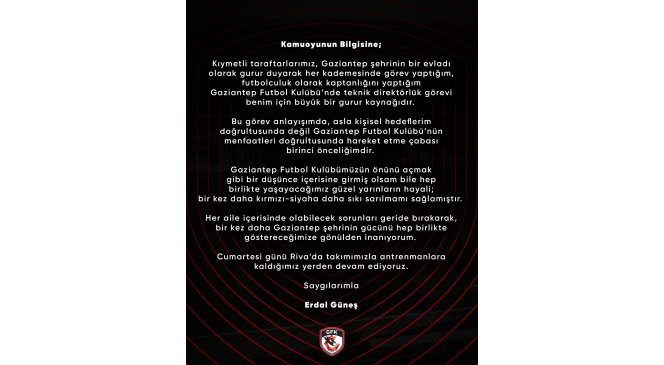 Gaziantep FK ’dan Erdal Güneş açıklaması
